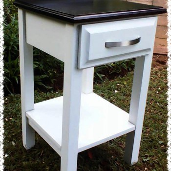 Solid wood bedside table in mix of stained natural timber and white
