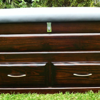 Solid wood kist with padded seat top, perfect for lockable storage