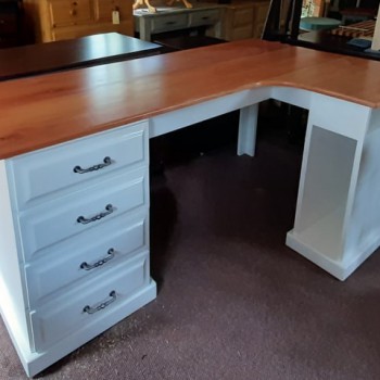 Custom corner 4 drawer writing desk in white with striking wood top