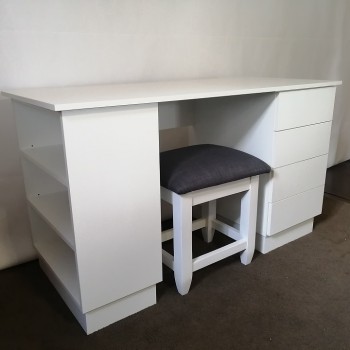 white melamine desk with bookcase on side and asb edge top and draws