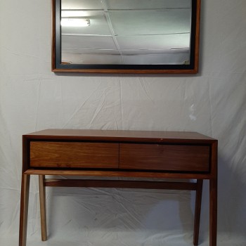 Scandi style two-drawer desk and mirror set in Kiaat using push to open runners