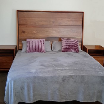 Sleek Scandi bedroom set of pedestals and heardboard, solid Kiaat