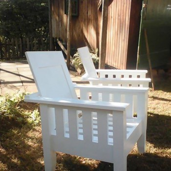 White patio chairs, single seater, solid wood