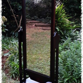 dark stained solid wood cheval mirror with drawer