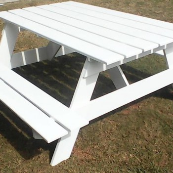 white solid wood picnic table and bench seats