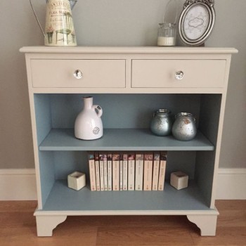Country-style display unit with shelves and drawers. duck-egg interior and cream exterior