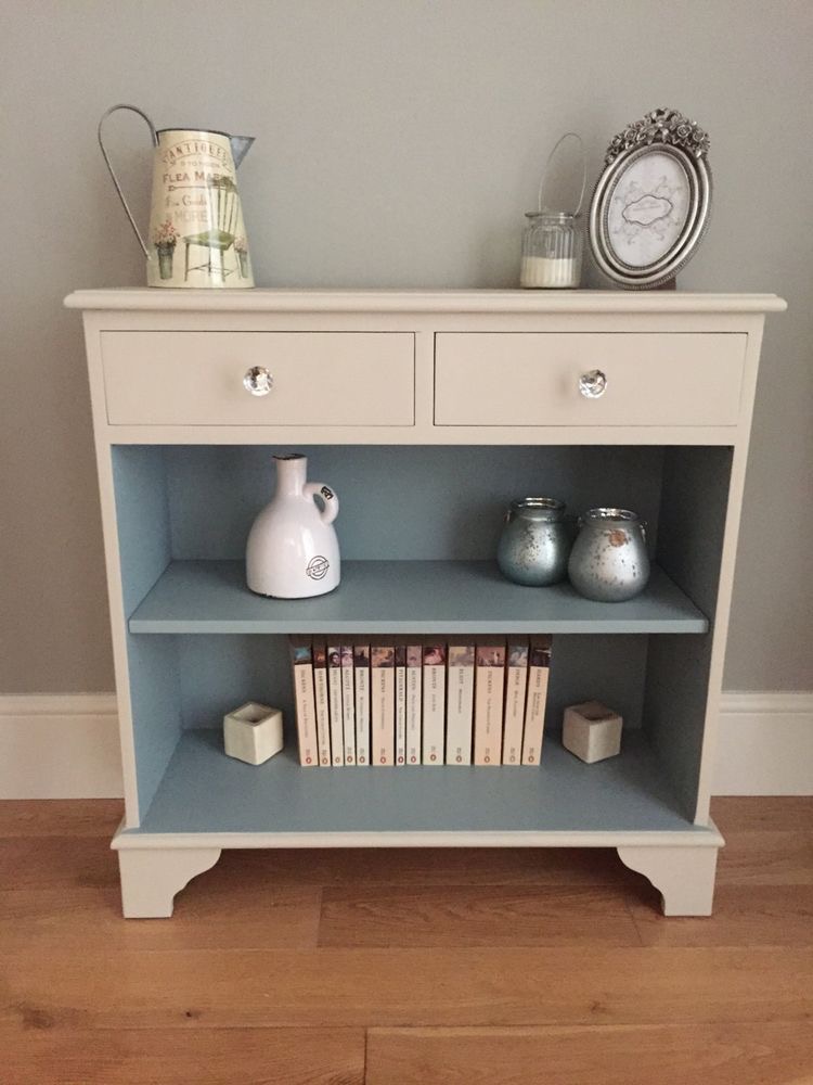 Country-style display unit with shelves and drawers. duck-egg interior and cream exterior