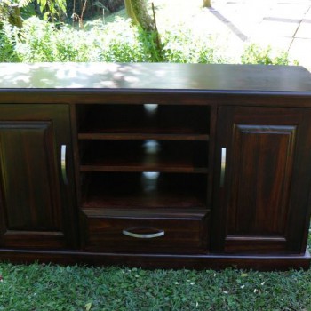 Stained Saligna TV cabinet. Two large doors, 3 shelves and a drawer