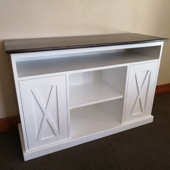 custom pine painted white tv cabinet with saligna stained top