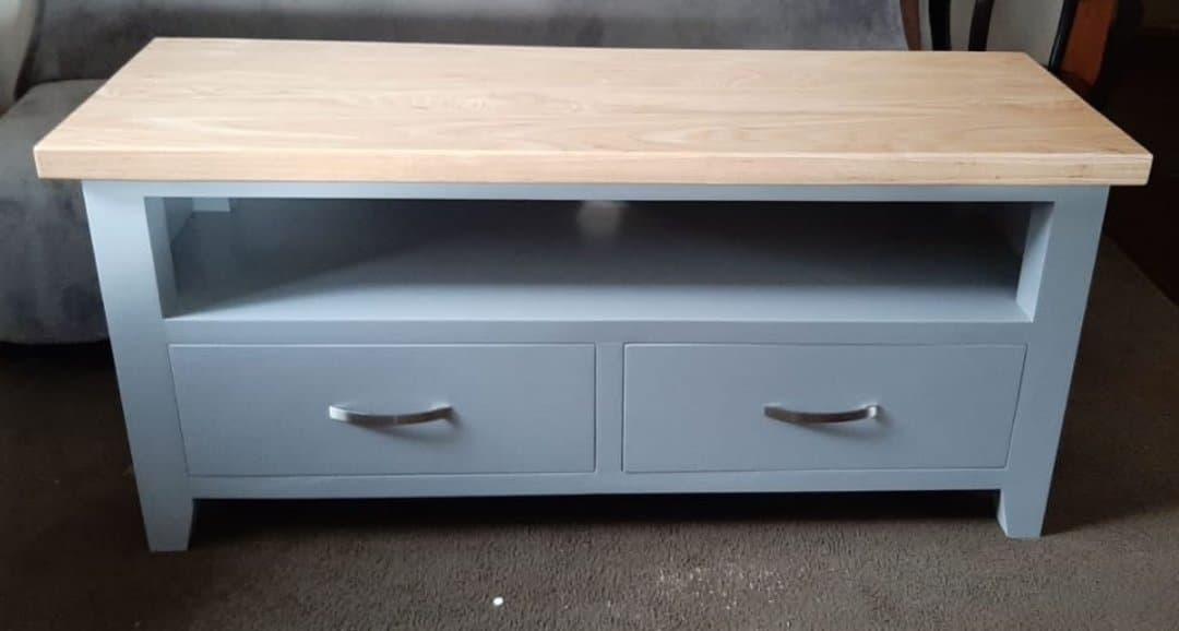 Oak topped white TV cabinet