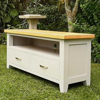 Oak and white painted TV cabinet with two large drawers and a single shelf