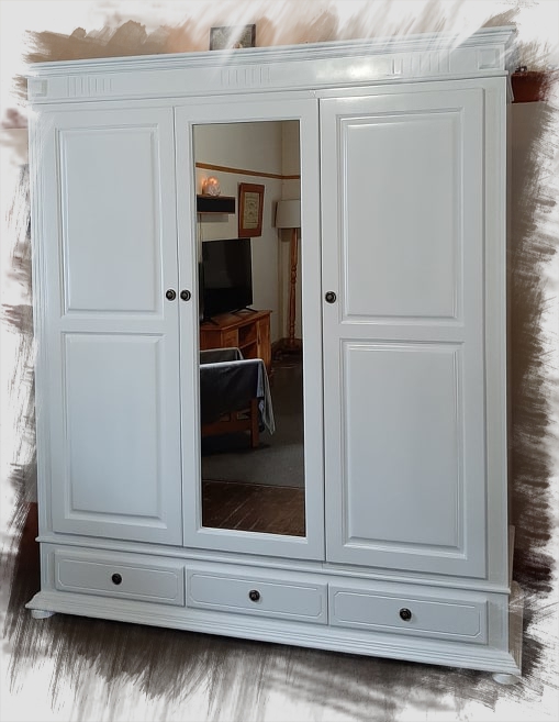 Custom wardrobe, 3 doors, one with mirror, three lower drawers, painted, freestanding, modern country style